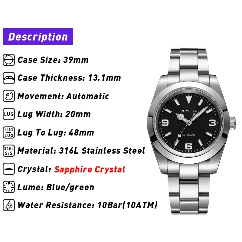 PHYLIDA 39mm Miyota  Automatic - Luxury Watch Dial のレビューと価格