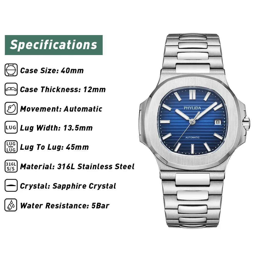 PHYLIDA Men's 40mm Automatic W - Luxury Watch Dial のレビューと価格